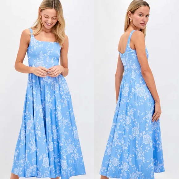 🌺🎉HP🎉🌺 NWT Staud Wells Midi Dress Blue Rose 🌟VERY RARE🌟 - Picture 2 of 16